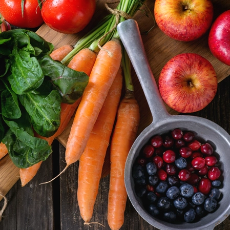 Fruits and vegetables on a table.